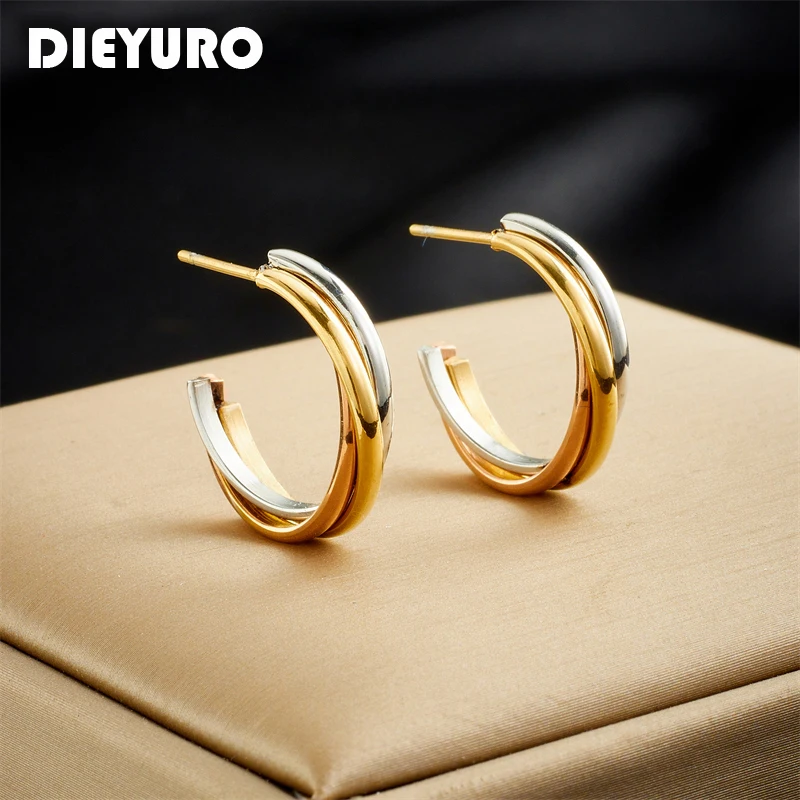 DIEYURO 316L Stainless Steel 3-Color Crossover C-Shape Stud Earrings For Women Girl New Ear Needle Non-fading Jewelry Gift