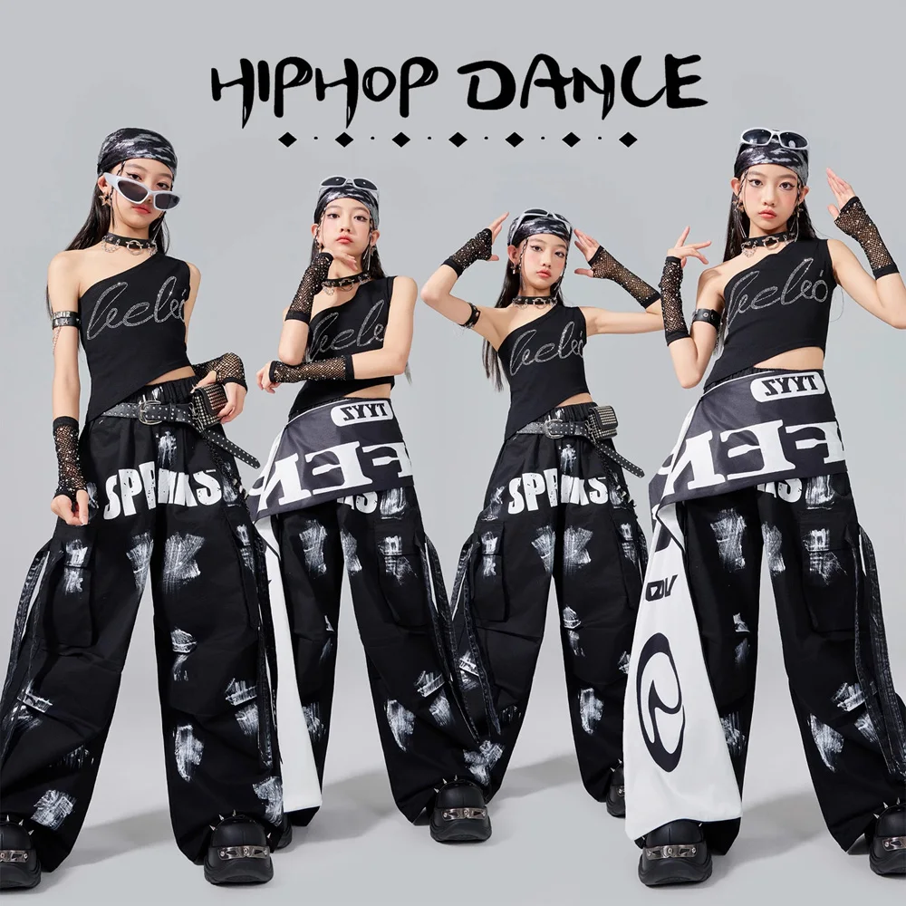Fantasia de dança jazz para meninas, colete preto, calças largas, conjunto de grupo, hip hop, performance, concerto, passarela, palco