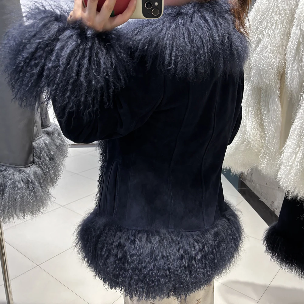 YOLOAgain Real Mongolia Sheep Fur Collar Real Leather Jacket Coat Women