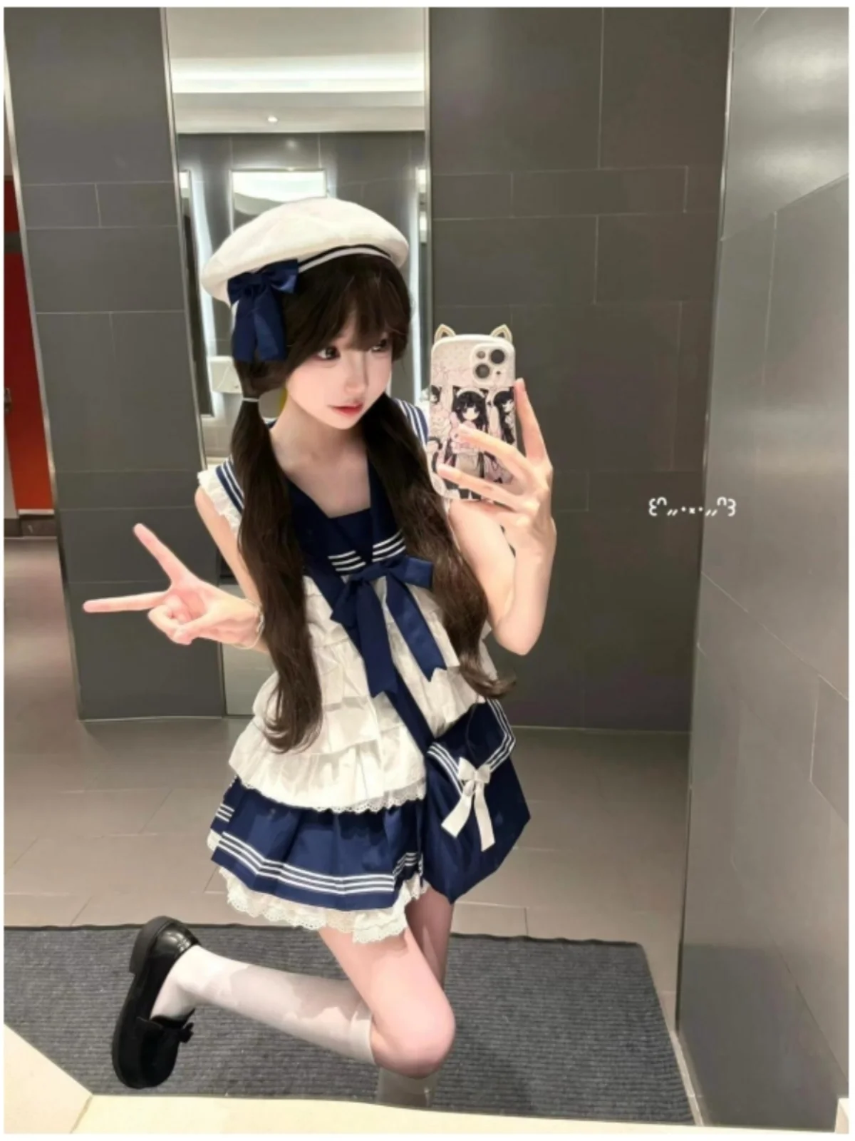 

Summer Naval Academy Sle Lolita Skirt Set Cute Sailor orm School orm Two-Piece Set with Bow-Tie Top And Pleated Skirt