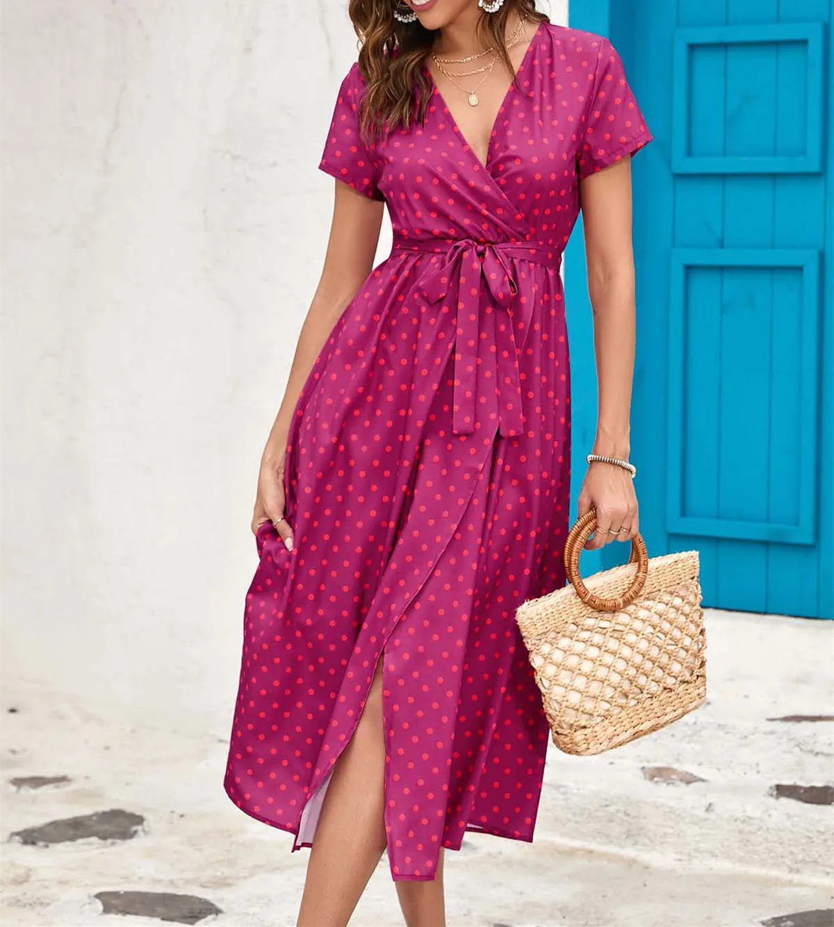 أزياء جديدة عارضة قصيرة الأكمام الخامس الرقبة طباعة الأزهار صالح ومضيئة الدانتيل متابعة سبليت فضفاض منتصف العجل اللباس، 6 ألوان