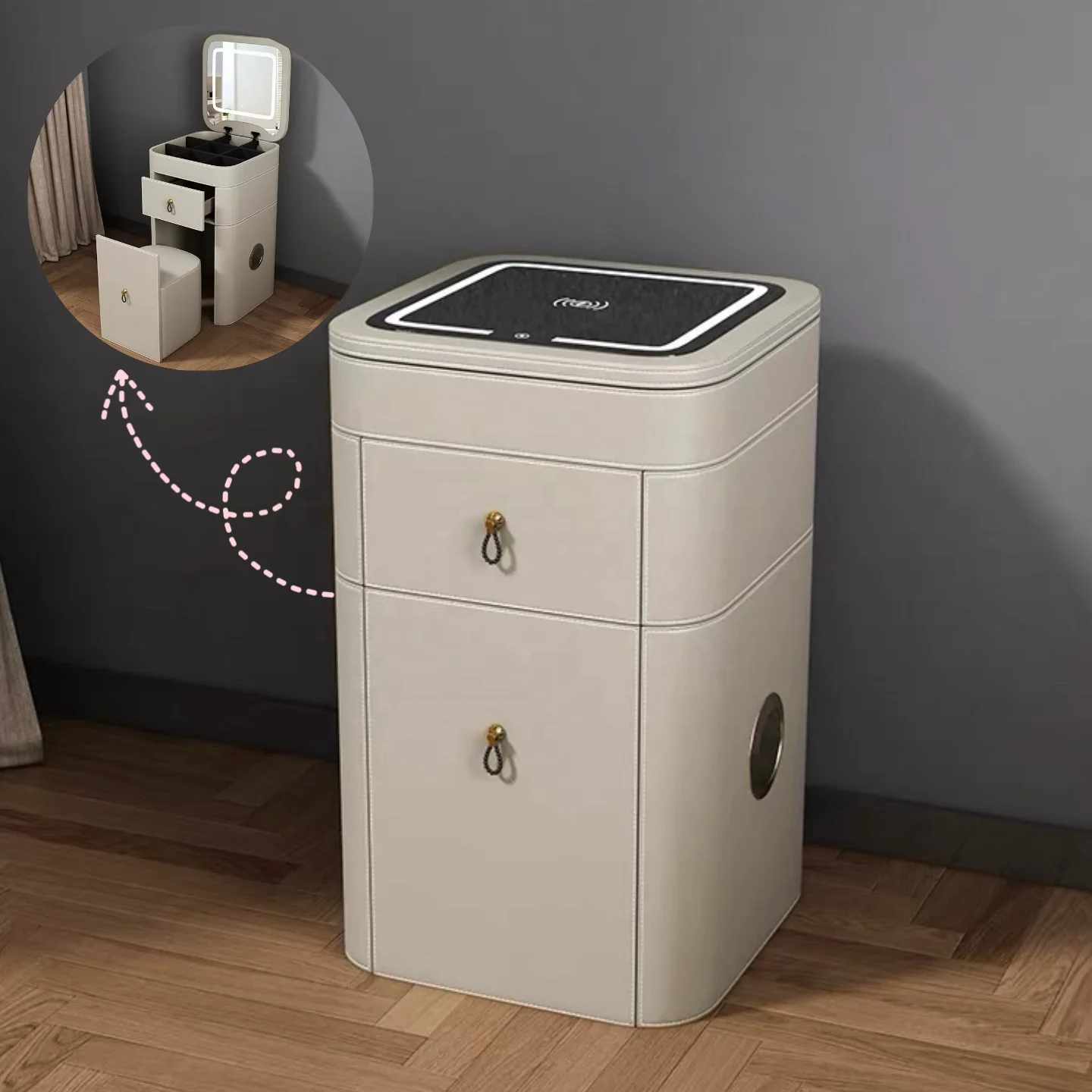 2026 Modern Simple Small Apartment Dressing Table with Solid Wood Storage Cabinet Wireless Charging Light Makeup Features