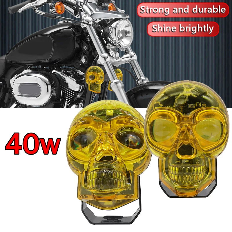 

40W Dual Color Motorcycle Skull Spotlights Headlight White Yellow Motorcycle LED Auxiliary Light High/Low Beam Headlight