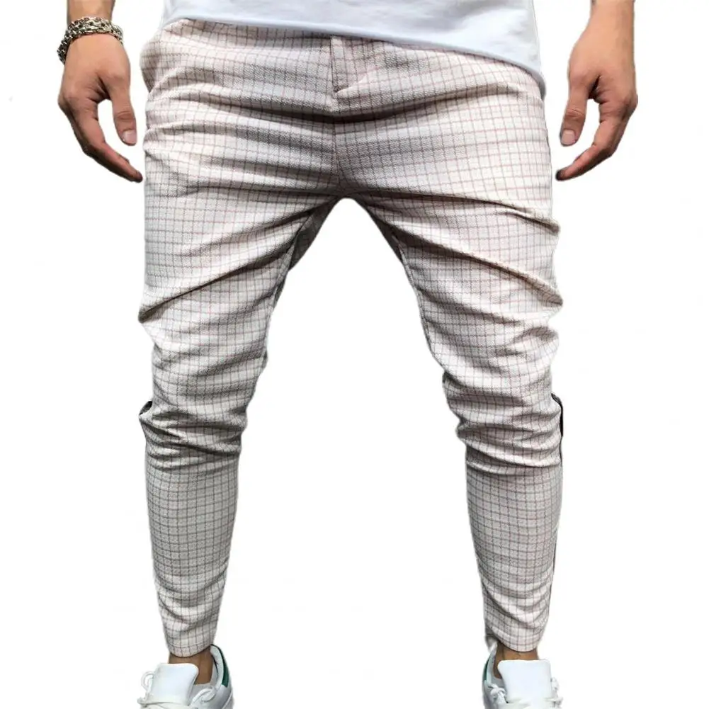 Fashion Men Pants Mid Waist Slims Fit Male Sweatpants Plaid Checkered Side Stripe Trousers Summer 2024 New Work Casual Pants