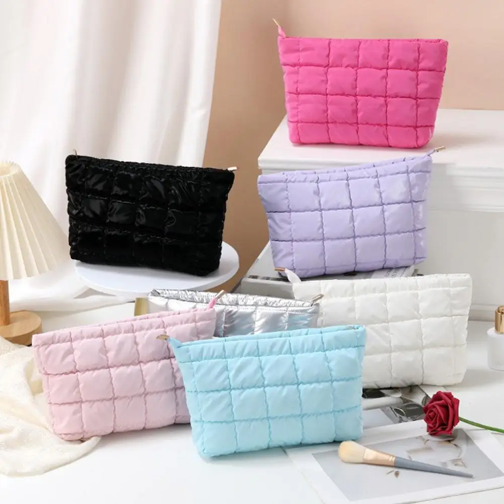 Soft Texture Makeup Pouch Quilted Padded Cosmetic Bag with Zipper Closure for Makeup Brush Storage Beauty Tools Organization