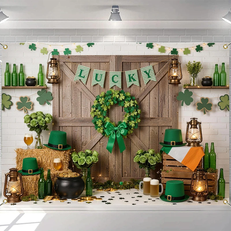 

LS Photography Background St. Patrick's Day Lucky Clover Wooden Door Wreath Decor Cake Smash Kids Portrait Photo Backdrop Studio
