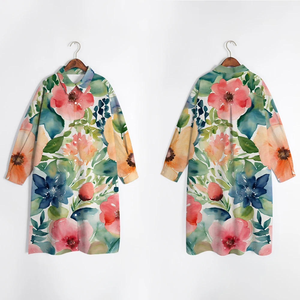 

2024 Explosive New Women's Painted Flower Printed Shirt Dress Commuter Loose Pockets Lapel Knee Simple Shirt Mother's Day Gift