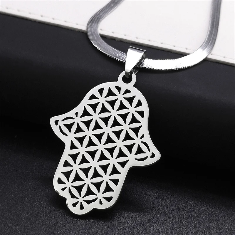 Aesthetic Hand of Fatima Flower of Life Mandala Necklace for Women Men Stainless Steel Gold Color Sacred Geometry Jewelry N3348