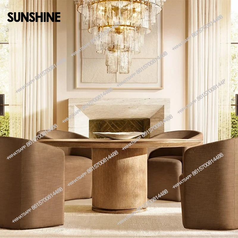 American rural light luxury high-grade natural solid wood round dining table small apartment villa