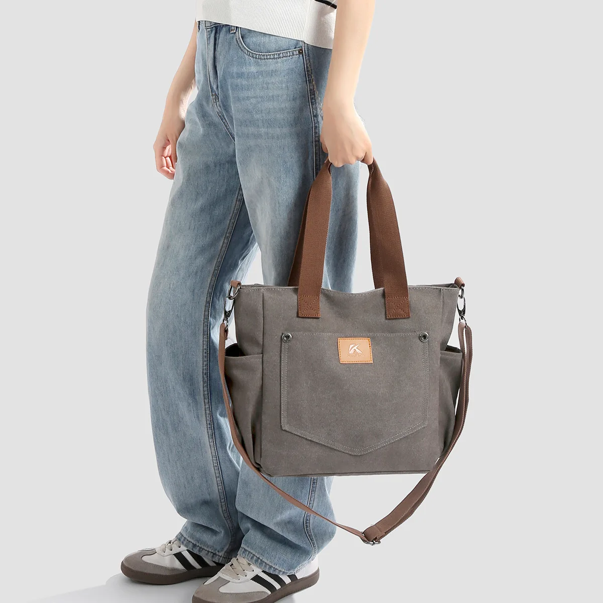 Vertical square retro thickened multi-pocket canvas bag, large capacity simple hand-held crossbody tote bag
