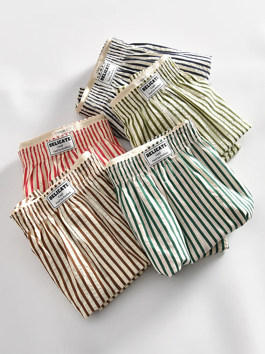 Skin-friendly Washed Cotton Men's Breathable Thin Loose Stripe Aro Shorts Home Shorts Simple Style mid Waist Youth Underwear