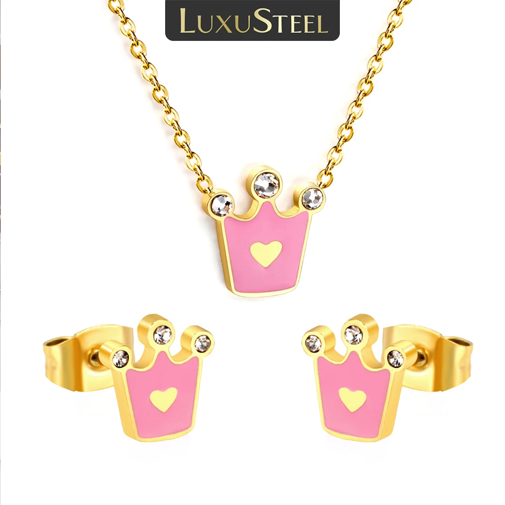 

LUXUSTEEL Pink Drip Oil Crown Women's Pendants Necklace Earring Set Cubic Zirconia Stainless Steel Chain Necklace Jewellery Gift