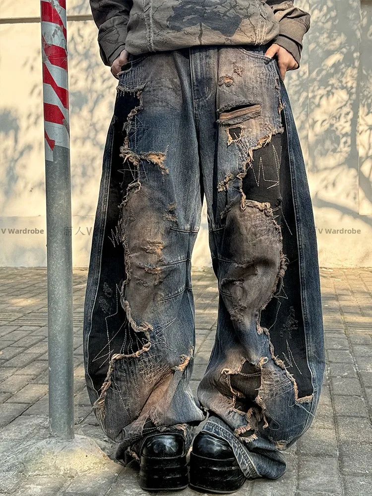

Retro American Washed Heavy Duty Tear Color Block Knife Jeans Women's Summer Streetwear Floor Length Trousers