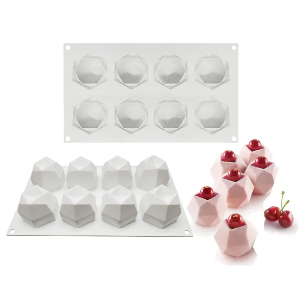 Molde de bolo de silicone poligonal com 8 cavidades, diamante, sobremesa francesa, mousse, bandeja de pastelaria, molde de vela, muffin, ferramentas de cozimento