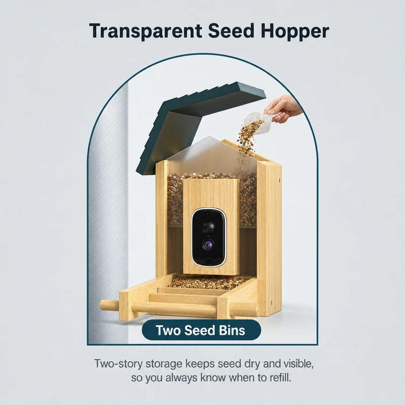 Bamboo Bird Feeder With Camera Solar Powered Smart Bird Feeder With AI Bird Identification 2 Seed Bins IP66 Waterproof