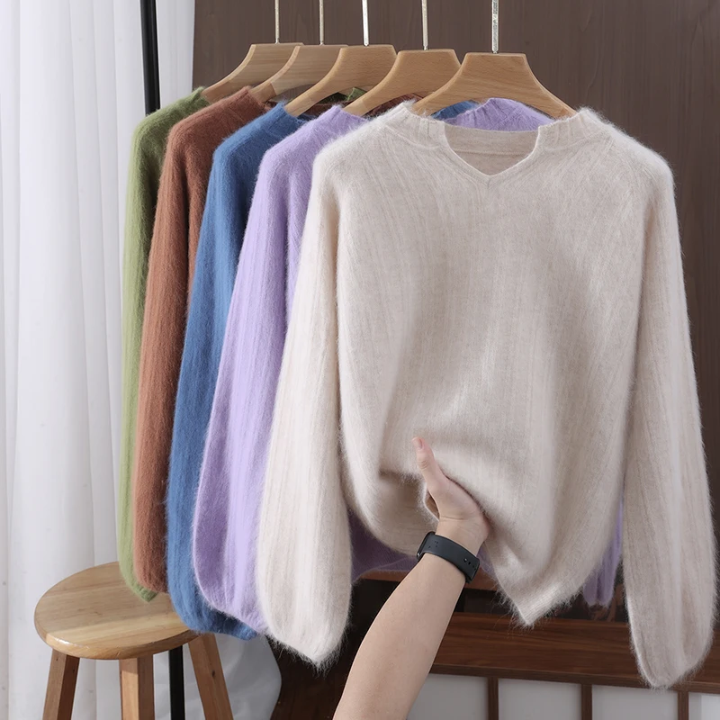 

Autumn And Winter New Mink Wool Sweater Ladies Loose V-neck Short Solid Color Wool Knitted Bottoming Shirt Top
