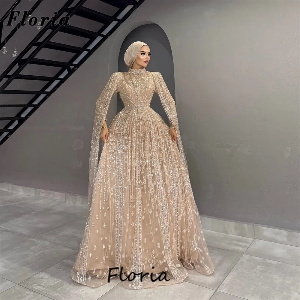 

Ближний Восток Накидка с длинными рукавами Вечерние платья Арабский бисер Кристаллы Платье для выпускного вечера Индивидуальные платья цвета шампанского трапециевидной формы для свадебной вечеринки