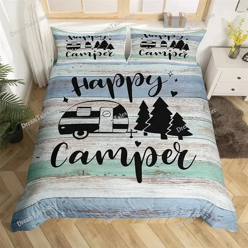 

Happy Camping Farmhouse Style Camper Style Duvet Cover Pillow Case Bedding Set Quilt Cover Double Bed Home Textile Luxury Gift