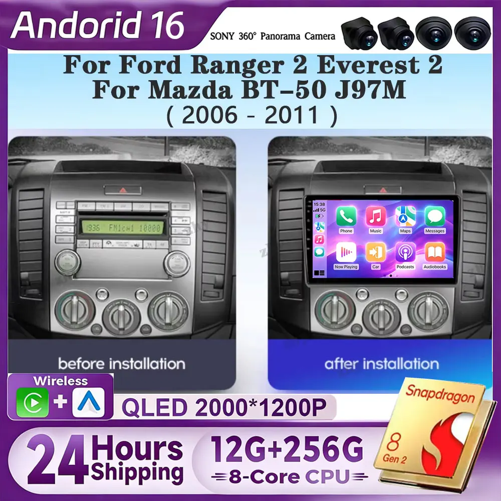Car Raido Android 16 For Ford Ranger 2 Everest 2 For Mazda BT-50 J97M 2006 - 2011 Screen Multimedia Player Autoradio Head Unit