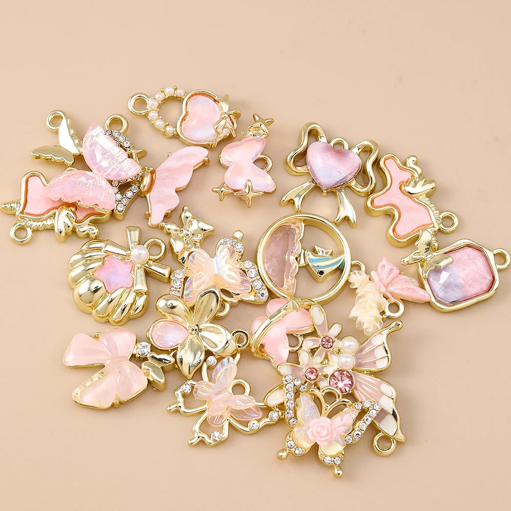 Leslie 5 Stück rosa Y2K-Serie Herz Blume Wolke Schmetterling Anhänger für DIY handgemachte Halskette Armband Schmuckherstellung Zubehör – Detail 4