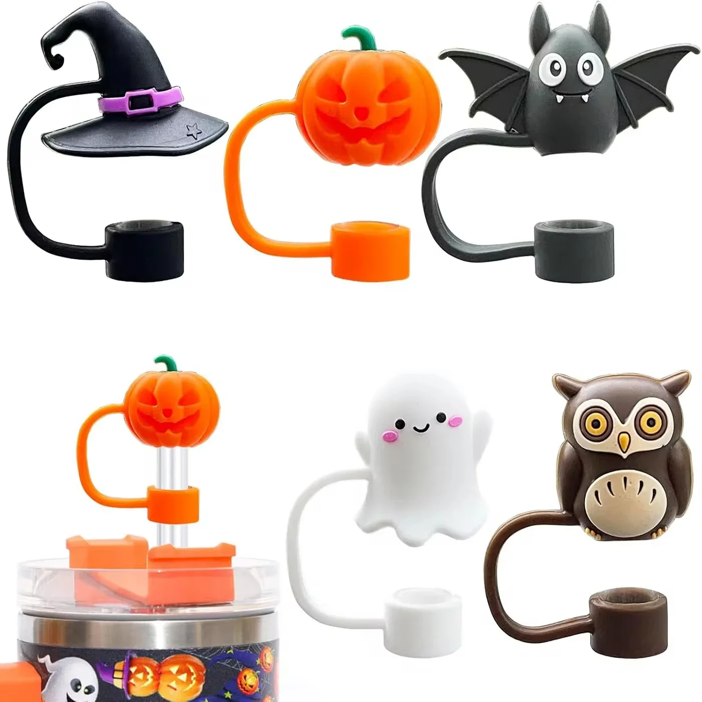 Cartoon Owl Pumpkin Halloween Straw Caps Children's Food-grade Silicone Straw Caps 10mm Dust-proof Reusable Straw Cover