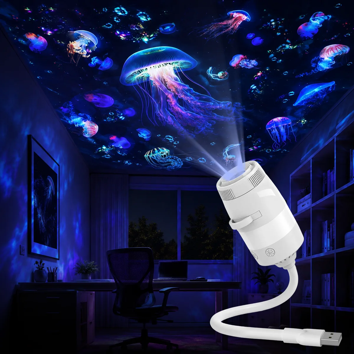 USB 2‑in‑1 Galaxy Star Projector Night Light, Flexible Gooseneck HD Focus Multi Scene Ambient Lamp for Bedroom Home Party Decor