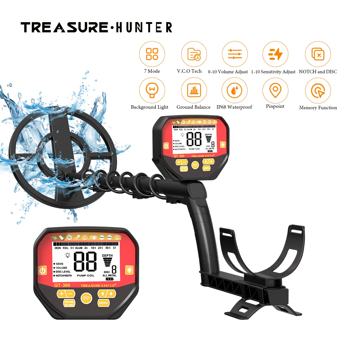 

Treasure Hunter GT360 Professional Underground Gold Metal Detector Scanner Finder Digger Waterproof Notch 10" Coil Pinpointer