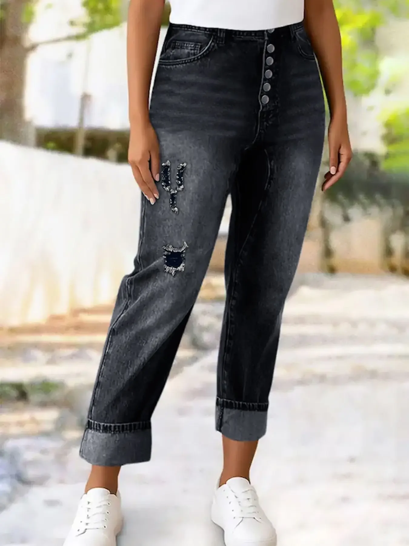 

Y2k Jeans For Woman Elastic High Waist Slimming Loose Ripped Holes Multi Button Stretch Comfort Trendy Casual Pants Fashion