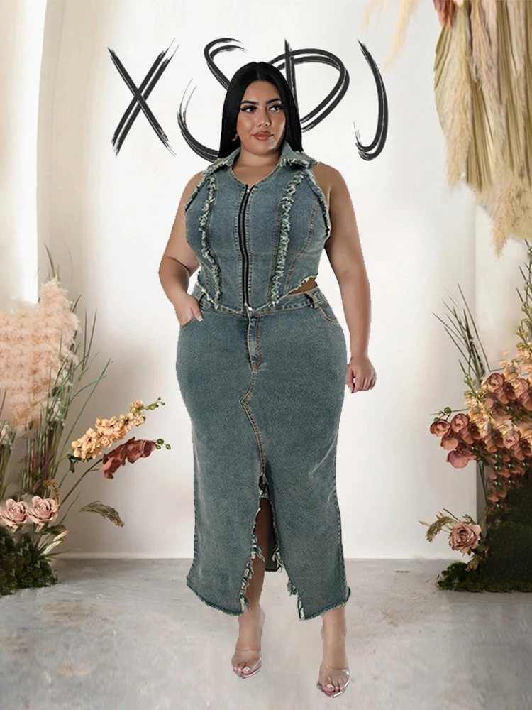 

Curve Plus Size Women 2piece Sets Clothes Summer New in Zip Tank Top and Retro Denim Skirt with Slit Vintage Sexy Denim Set Suit