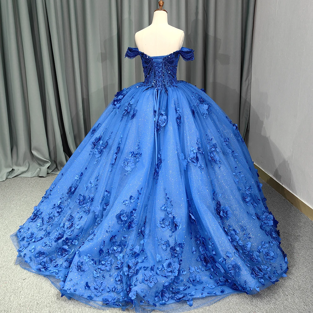 Romantic Lake blue Off Shoulder Ball Gown Quinceanera Dresses 3D Flowers Tulle Sweet 16 Party Gown 9963