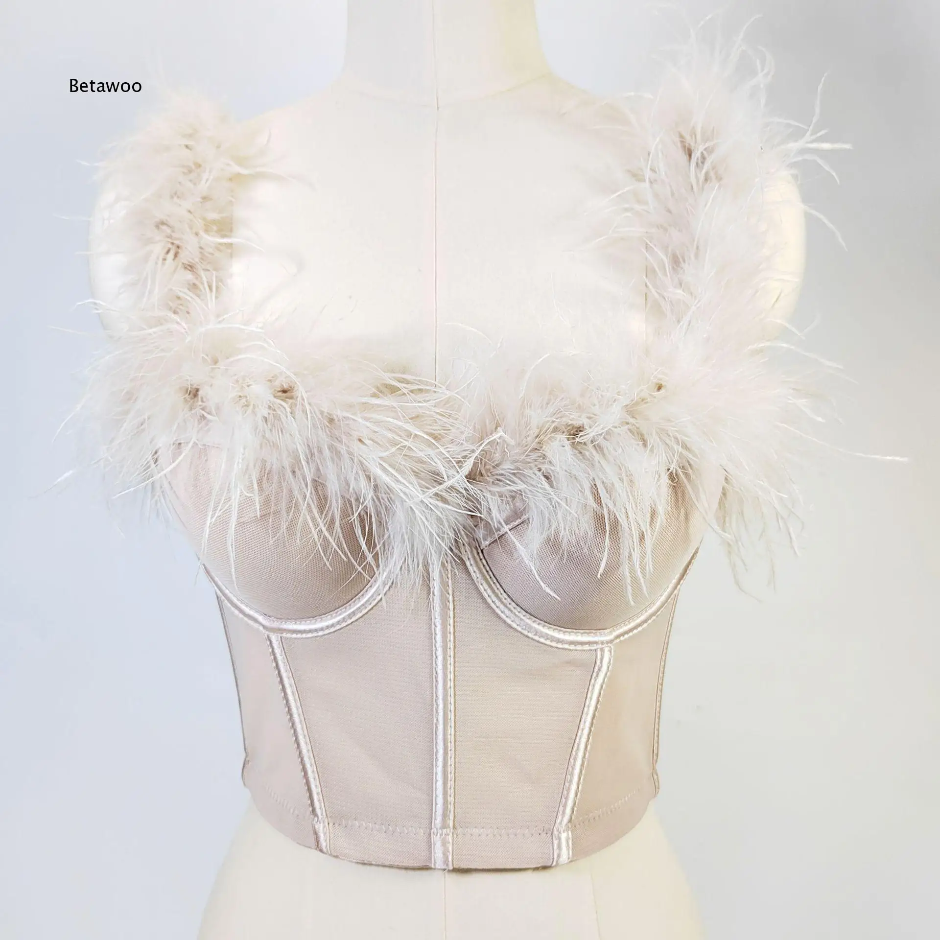 Gorgeous Feather Trim Corset Tube Top With Boning Structure Waist Cinching Design Large Open Back Sleeveless Bustier For Party