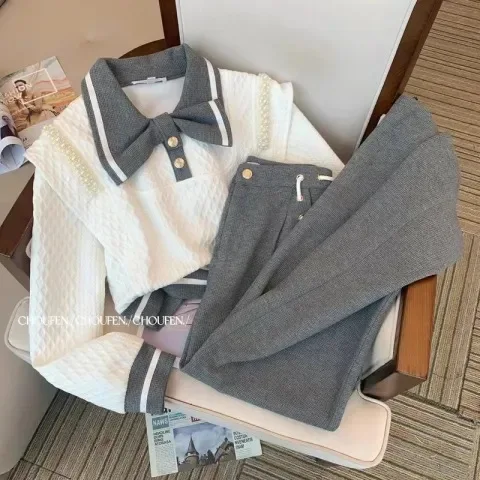 Fashion 2 Piece Sets Women Clothing Sweet Beading Bow Hoodie Tops High Waist Straight Wide Leg Pants Outfits Casual Korean Suit