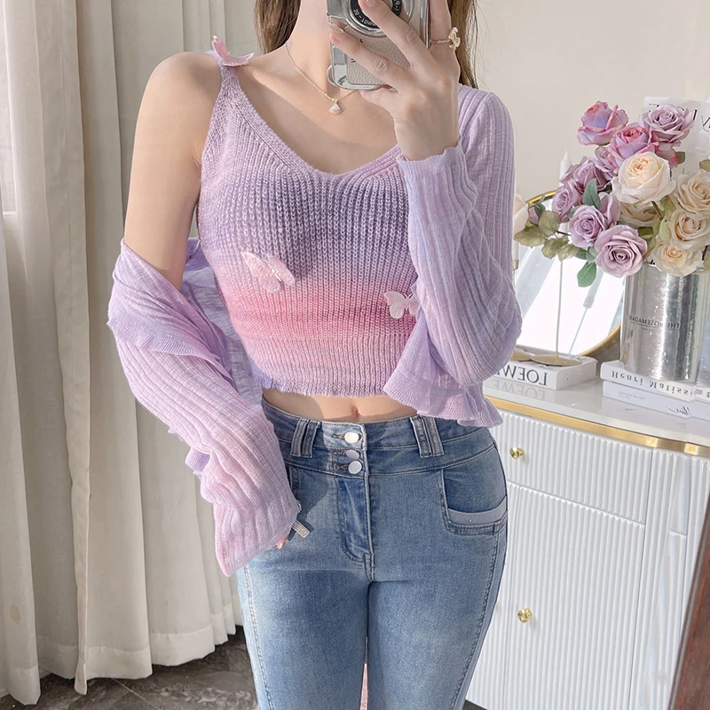 Summer Dopamine Colored Stripes Butterfly Knitted Tank Top Women V Neck Sleeveless Slim Camisole