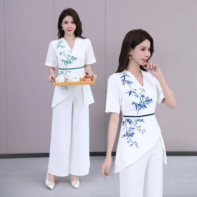 Woman Work Clothes Suit Hotel Waiter Beauty Salon Spa Massage Nail Cafe Sexy Foot Bath Sauna Technician Overall Pants Uniform