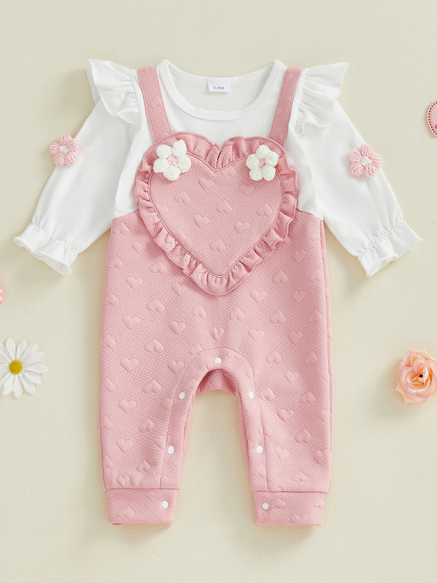 

Весенний комбинезон для маленьких девочек с искусственным двухсекционным жаккардовым узором в форме сердца, 3D цветочными акцентами и длинными рукавами