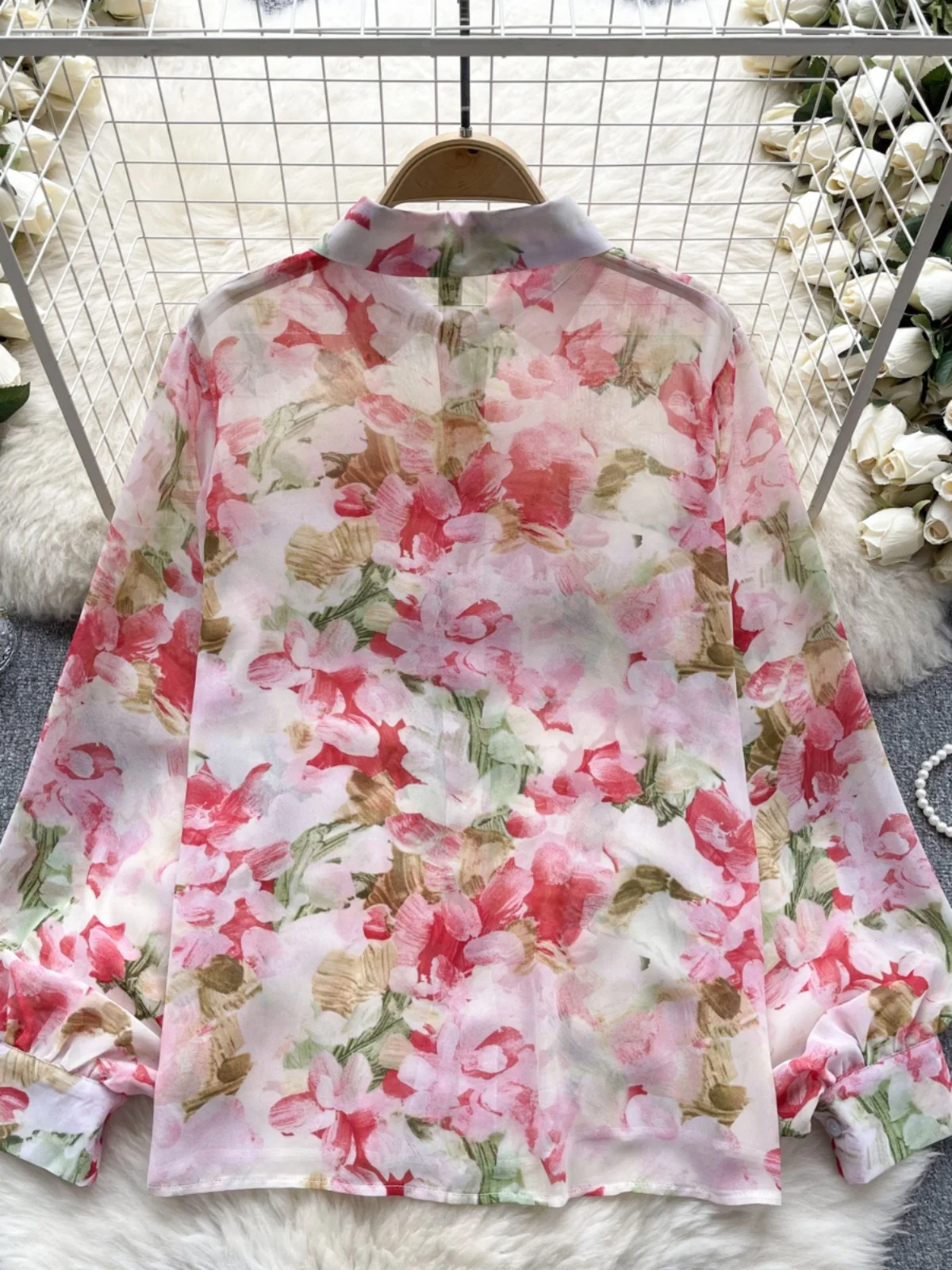 Primavera 2024 csa fena novo estilo design fino impro chiffon moda versátil topo na moda versão coreana manga longa...