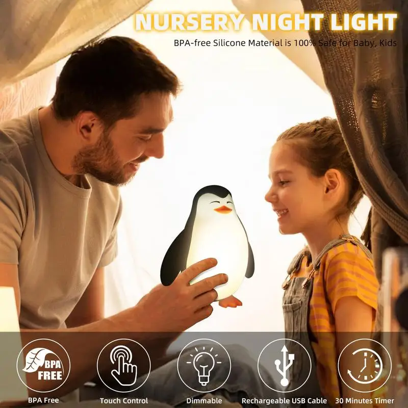 Cute Night Light LED Cute Penguin Silicone Night Light With 30-Minute Timer 3 Levels Dimmable Nursery Night Light Bedside Touch