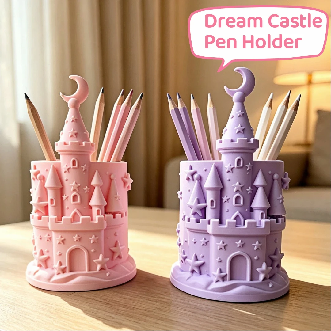 Kawaii Castle Pastel Aesthetic 3D Moon Star Resin Pencil Holder for Girls Cute Desk Organizer Makeup Brush Holder