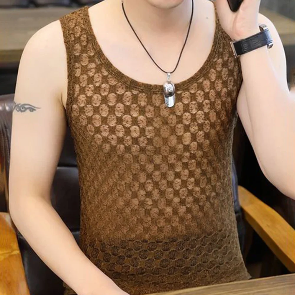 Mens Vest Mesh Ice Silk Plaid Hollow Breathable Quick-Drying Translucent Alluring Sleeveless Top Slim Fit Trendy Cloths Summer