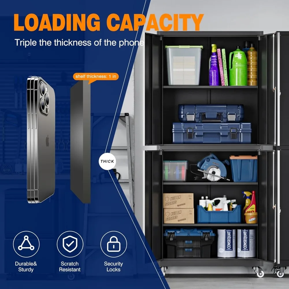 خزانة أدوات دوارة آمنة مع أرفف قابلة للتعديل وأبواب قفل، خزانة تخزين شديدة التحمل مع 4 عجلات، 73 ش