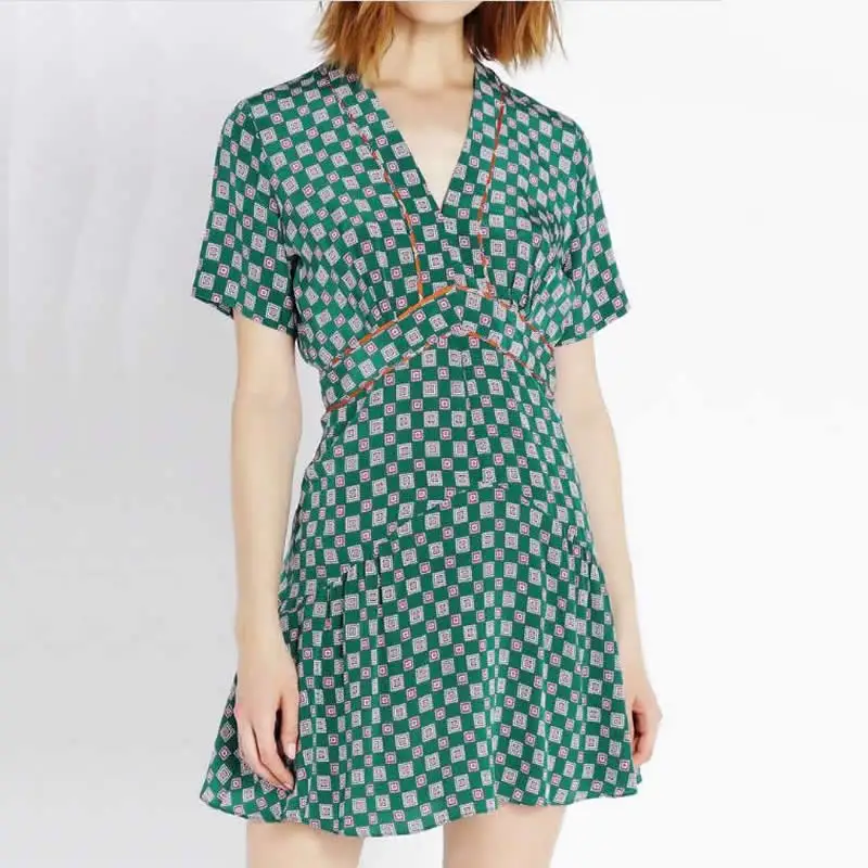 

2023 Plaid Print Women Dress Fashion V-Neck Short Sleeve Mini Dresses