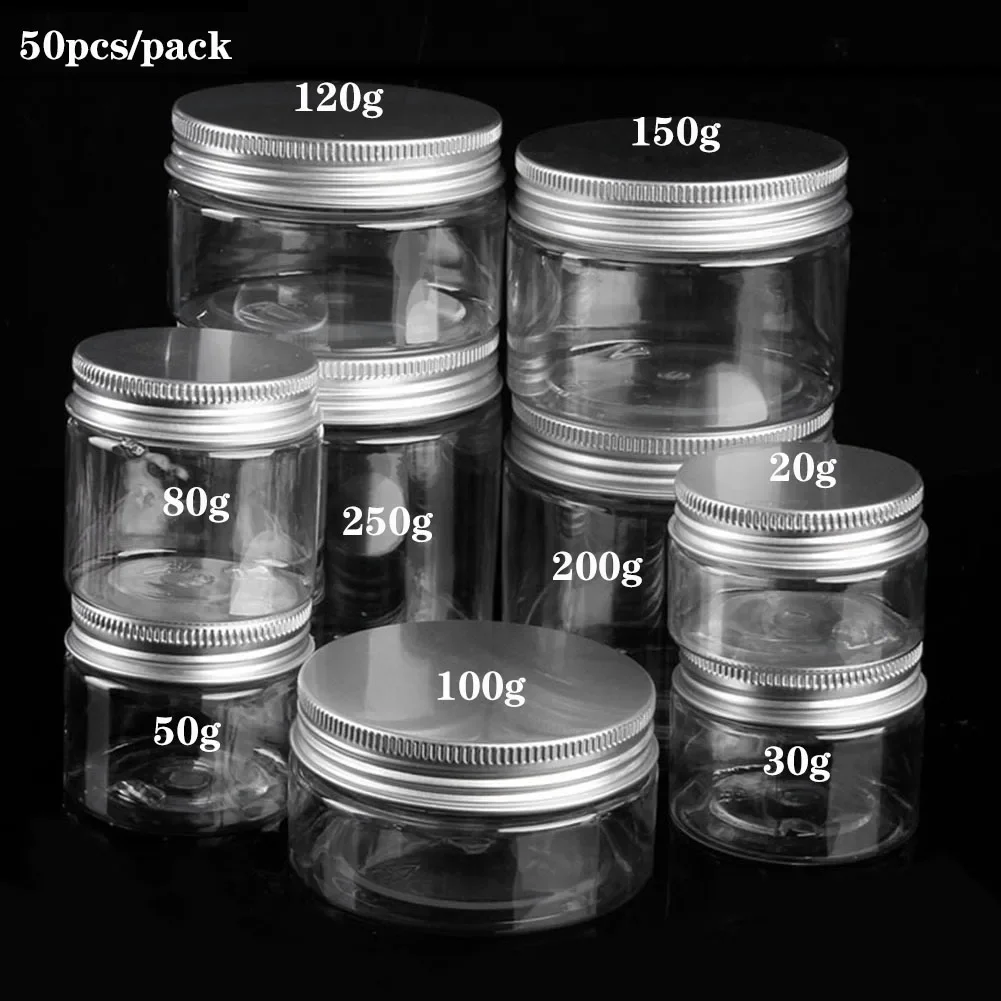 50 teile/satz 20g 30g 50g 100g 120g 150g Kunststoff Glas mit Deckel Zinn Schraube klar Container Leere Kosmetische Creme Pulver Topf Make-Up Box