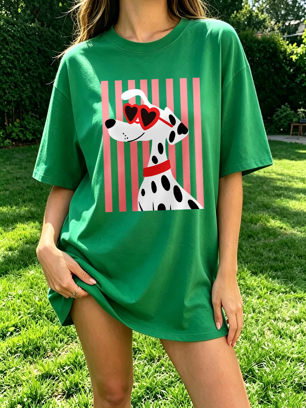 Herzförmige Sonnenbrillen Dalmatiner-Hundemotiv T-Shirts Damen Baumwolle Sommer Übergroße Oberteile O-Ausschnitt Kurzarm-T-Shirts Weiche Streetwear – Detail 25