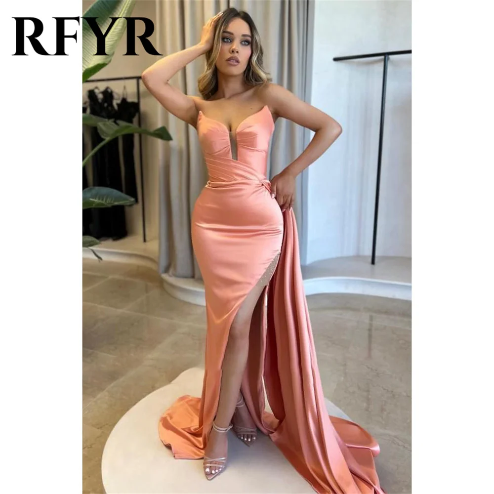 RFYR Pink Stain Mermaid Long Party Dresses Gowns Sweetheaart Night Dresses Strapless Evening Gown with Side Split Customized