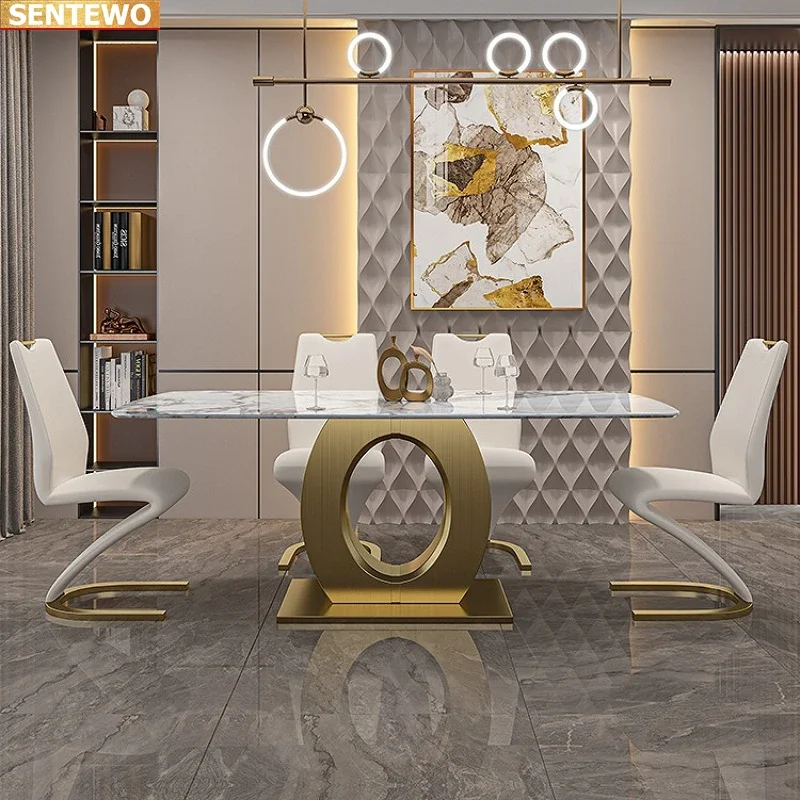 

Designer Luxury dinning room Marble Rock Slab dining table set 4 6 chairs mesa de jantar tavoli marbre Stainless steel gold base