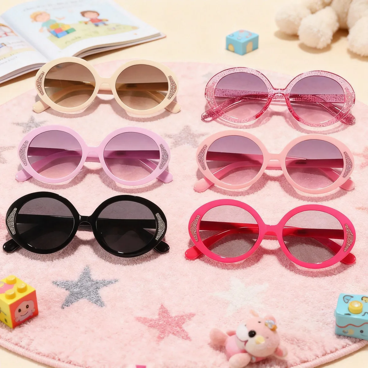 2025 Kinder-Sonnenbrille in Bonbonfarben, feiner Blitz, ovaler Rahmen, niedliche Baby-Trendmode, Straßenfotografie, Sonnenschutz-Sonnenbrille