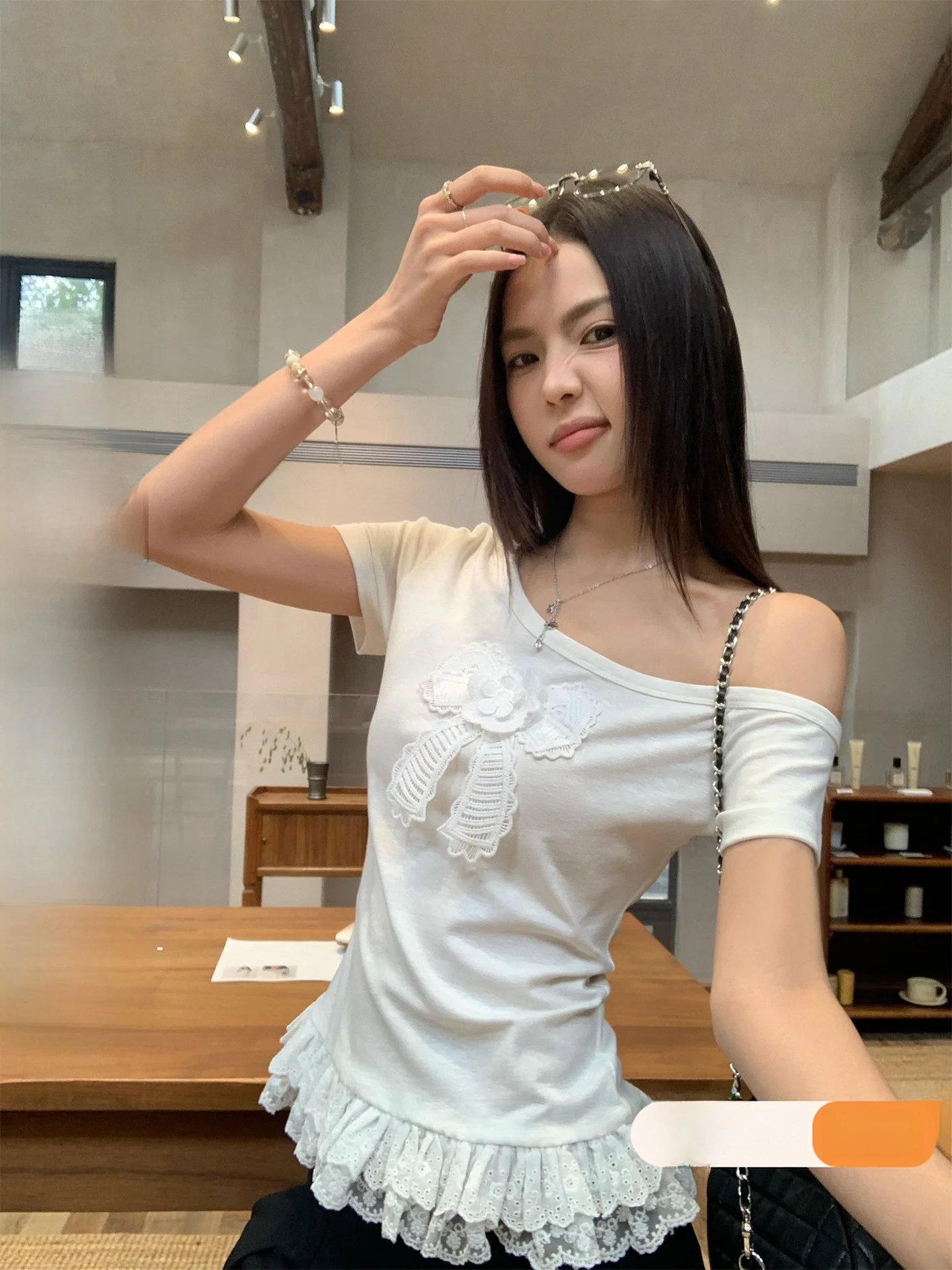 

Sweet Unique Knot Lace Short Sleeve Shoulder Bared T Shirt Women's Korean Style Summer Top by Song Zhengen