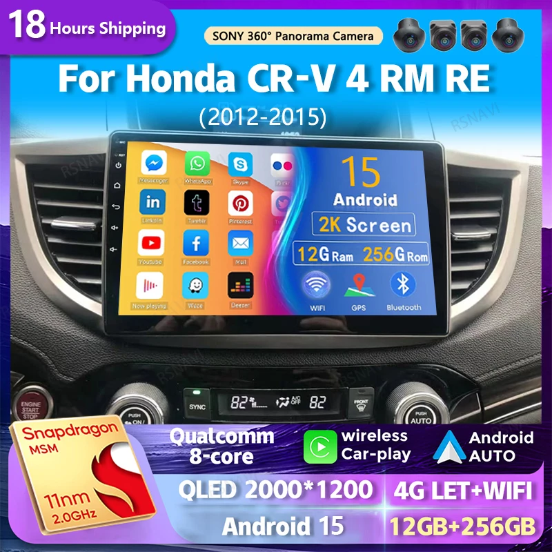 android 15 wifi+4G Carplay BT AUTO  Car Radio For Honda CRV CR-V 4 RM RE 2012-2015 Navigation GPS Video Player Stereo Multimedia