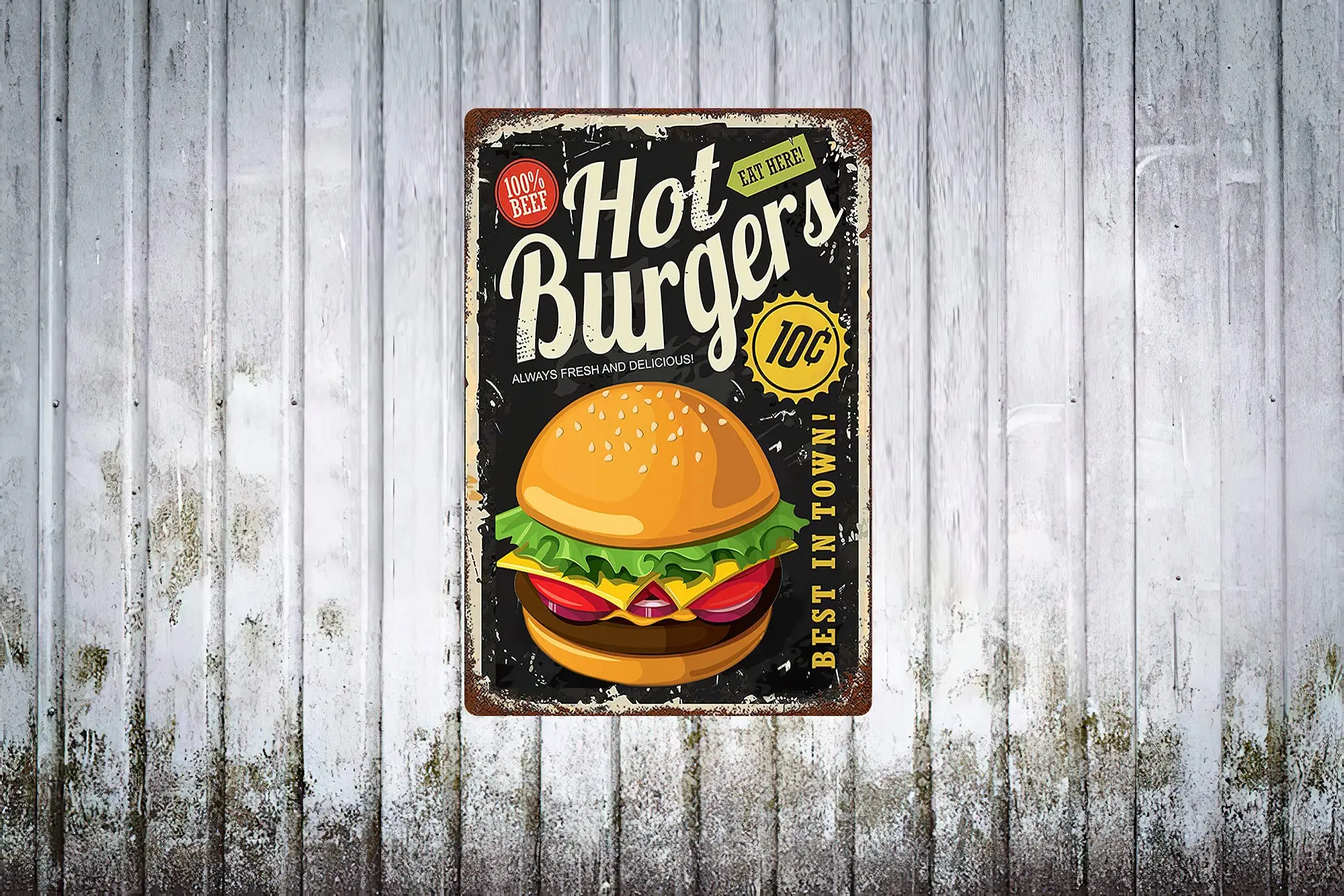 Larkverk Hot Burgers Fresh Hamburgers Restaurant Fast Food Tin Sign Vintage Metal Sign for Home Bar Office Wall Decor Shop Mural