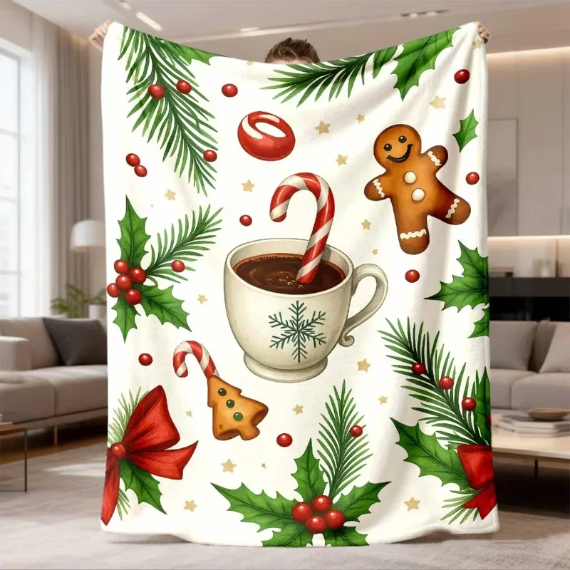 Gingerbread Man Hot Cocoa Xmas Throw Blanket Green Base Christmas Cookie Print Soft Sofa Bed Holiday Decor Blanket
